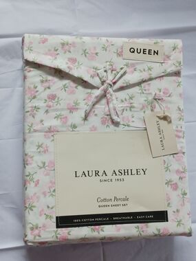 Laura Ashley Ditsy Doodle Pink Floral Queen Sheet Set Cotton Percale
